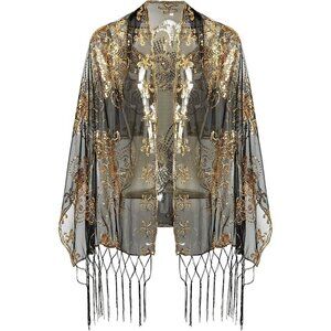 BABEYOND 1920s Sequined Peacock Shawl Wrap, Fringed Evening Cape for Weddings